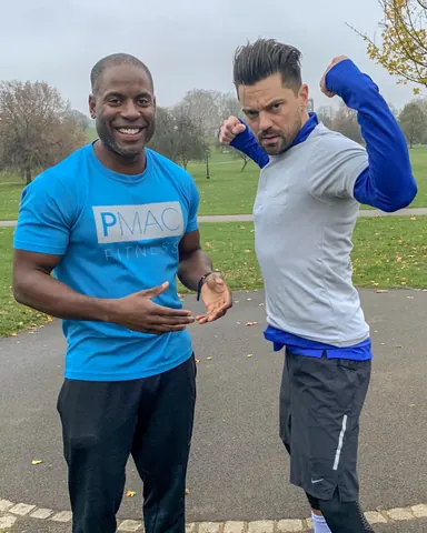 Peter Mac with Dominic Cooper in a park