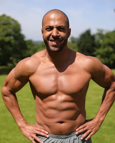 Marvin Humes, shirtless, standing on the grass outdoors