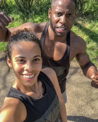 Peter Mac and Rochelle Humes taking a selfie outdoors on a sunny day